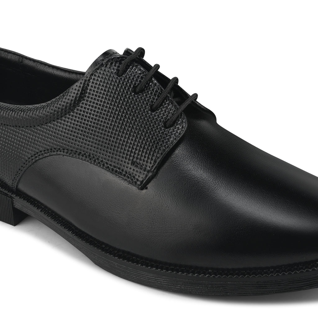 DB02 - Men's Formal Derby Shoes, Black Genuine Leather with Textured Detail, Lace-Up Dress Shoes | Genuine Leather