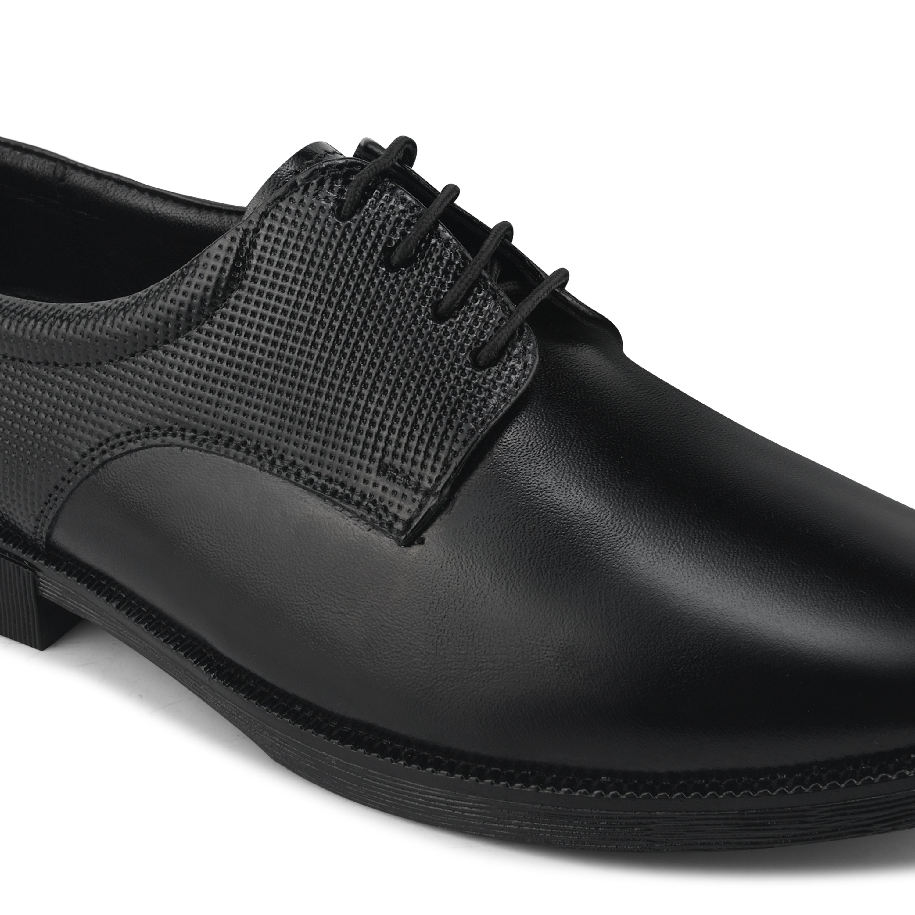 DB02 - Men's Formal Derby Shoes, Black Genuine Leather with Textured Detail, Lace-Up Dress Shoes | Genuine Leather
