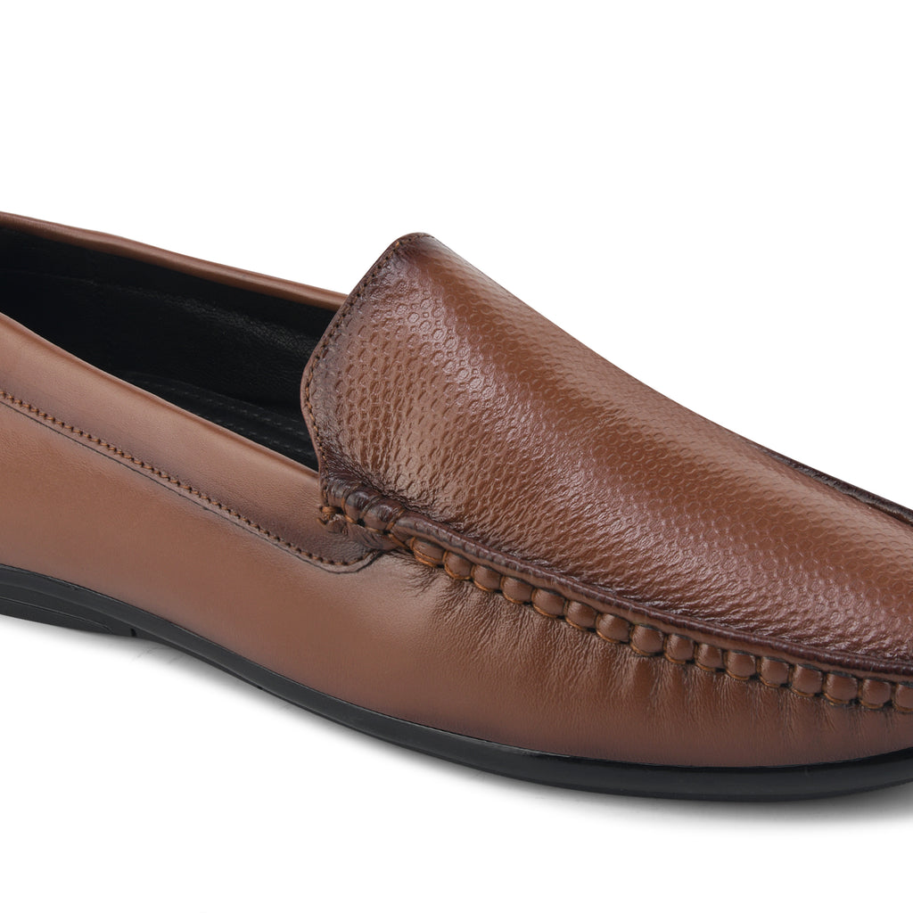 LF03 - Genuine Brown Leather Loafers with Textured Vamp for Men