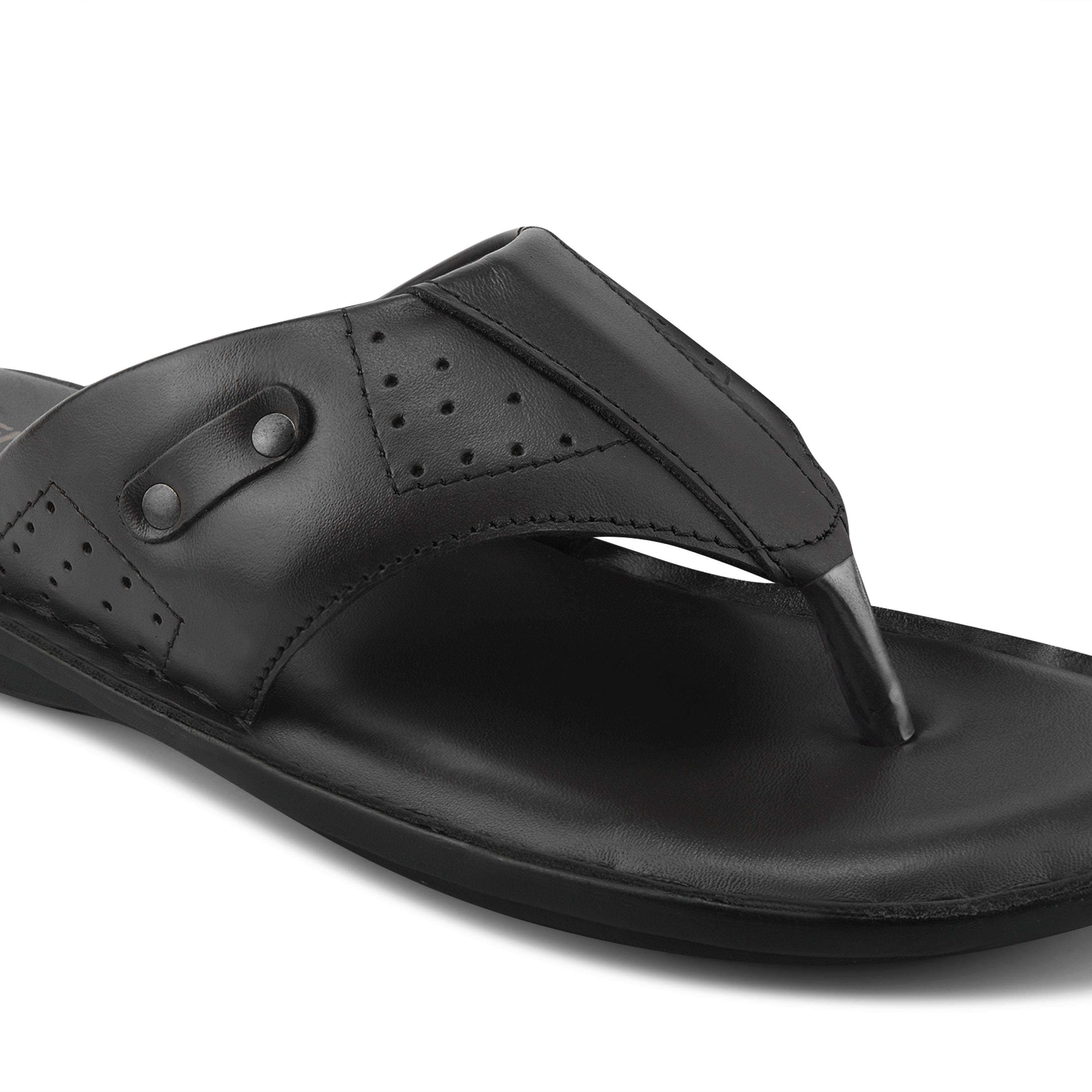 SP02 - Men’s Black Genuine Leather Comfort Toe-Post Slippers