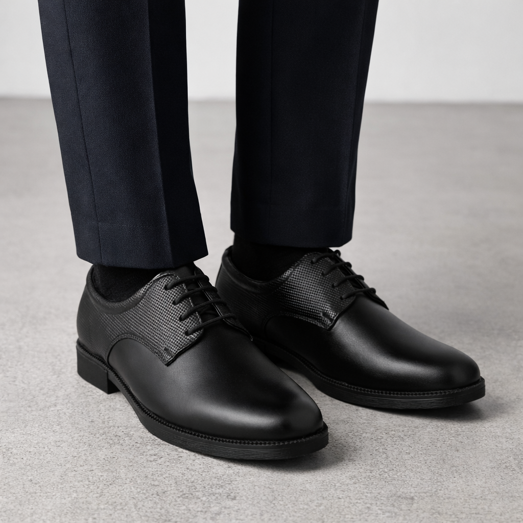 DB02 - Men's Formal Derby Shoes, Black Genuine Leather with Textured Detail, Lace-Up Dress Shoes | Genuine Leather