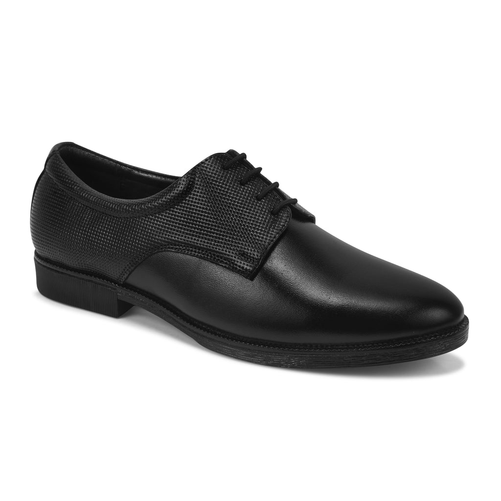 Pentagun Men's Formal Derby Shoes, Black Genuine Leather with Textured Detail, Lace-Up Dress Shoes | Genuine Leather | DB02