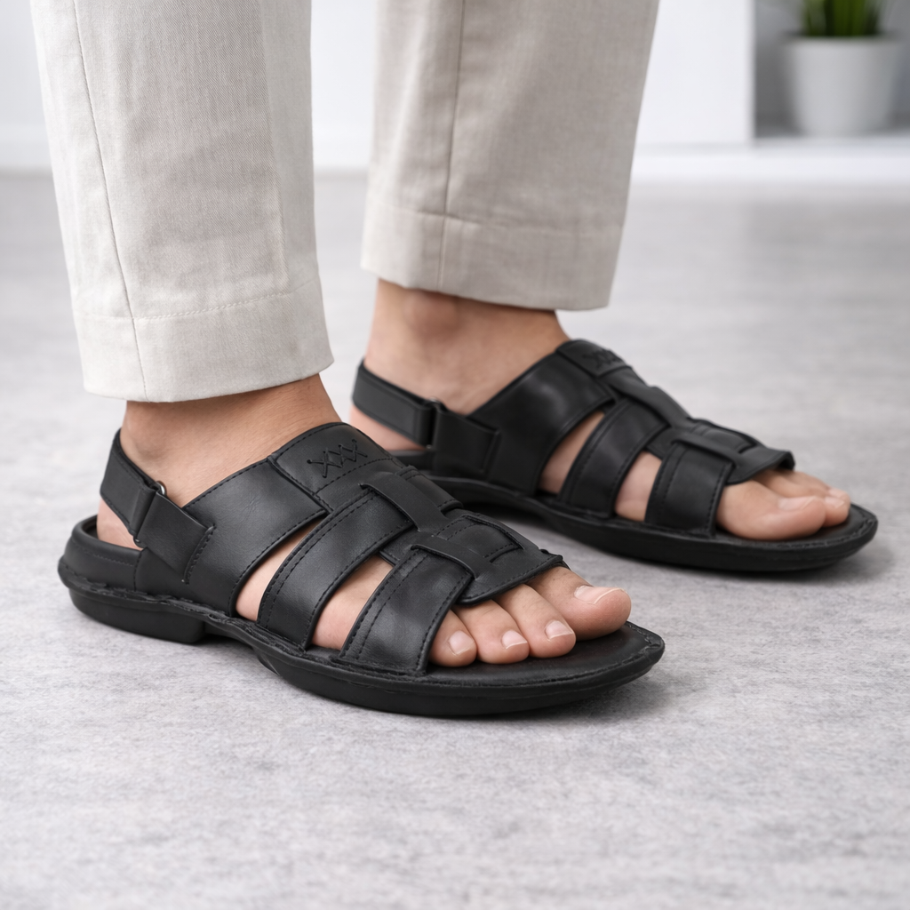 SD01 - Men’s Black Premium Leather Comfort Backstrap Sandals