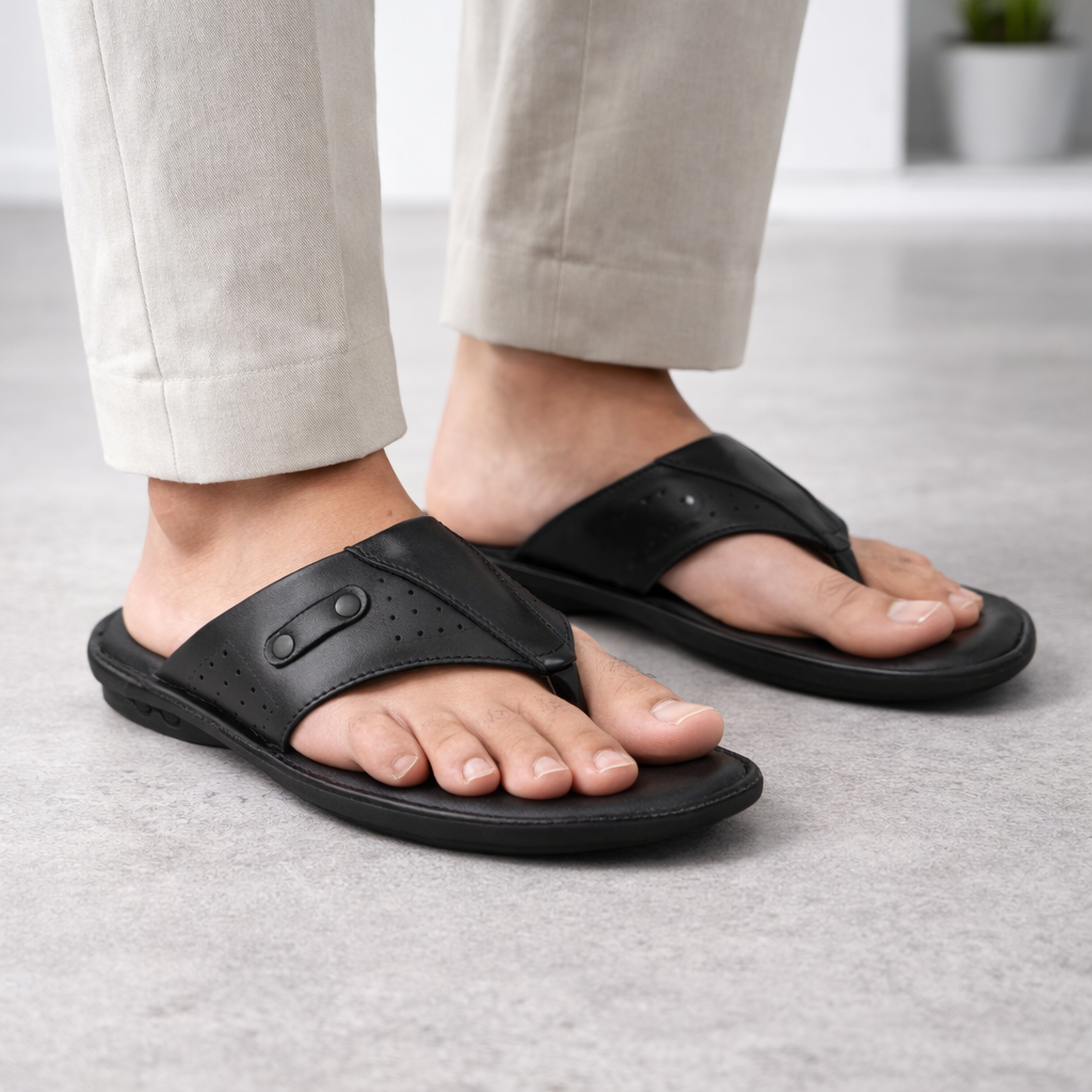 SP02 - Men’s Black Genuine Leather Comfort Toe-Post Slippers