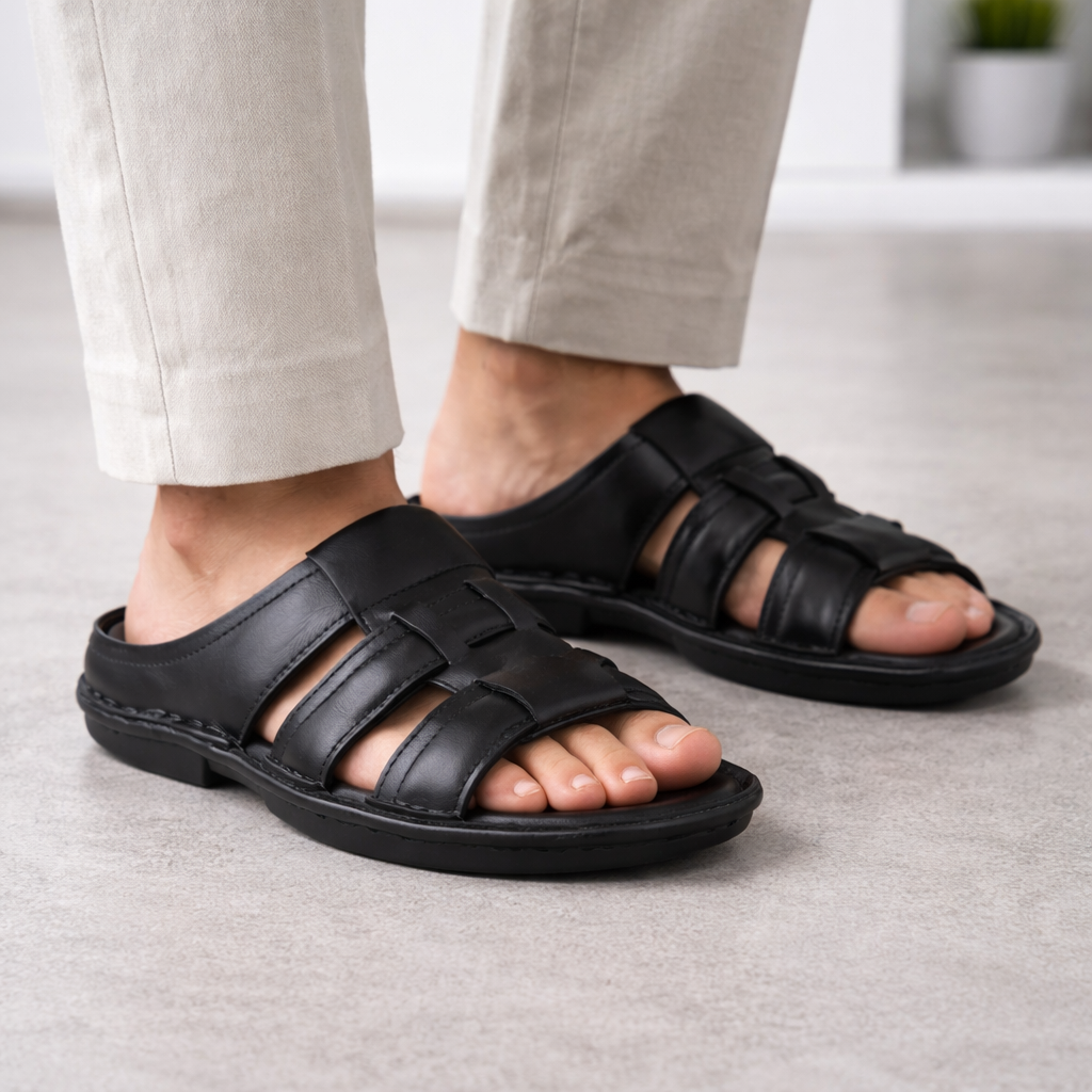 SP01 - Men’s Premium Black Genuine Leather Casual Slippers