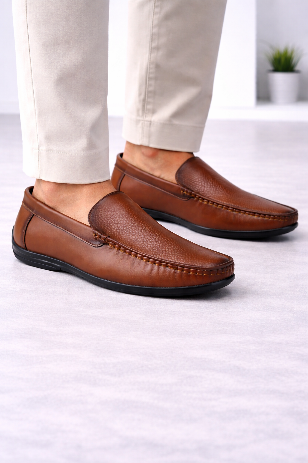 LF03 - Genuine Brown Leather Loafers with Textured Vamp for Men