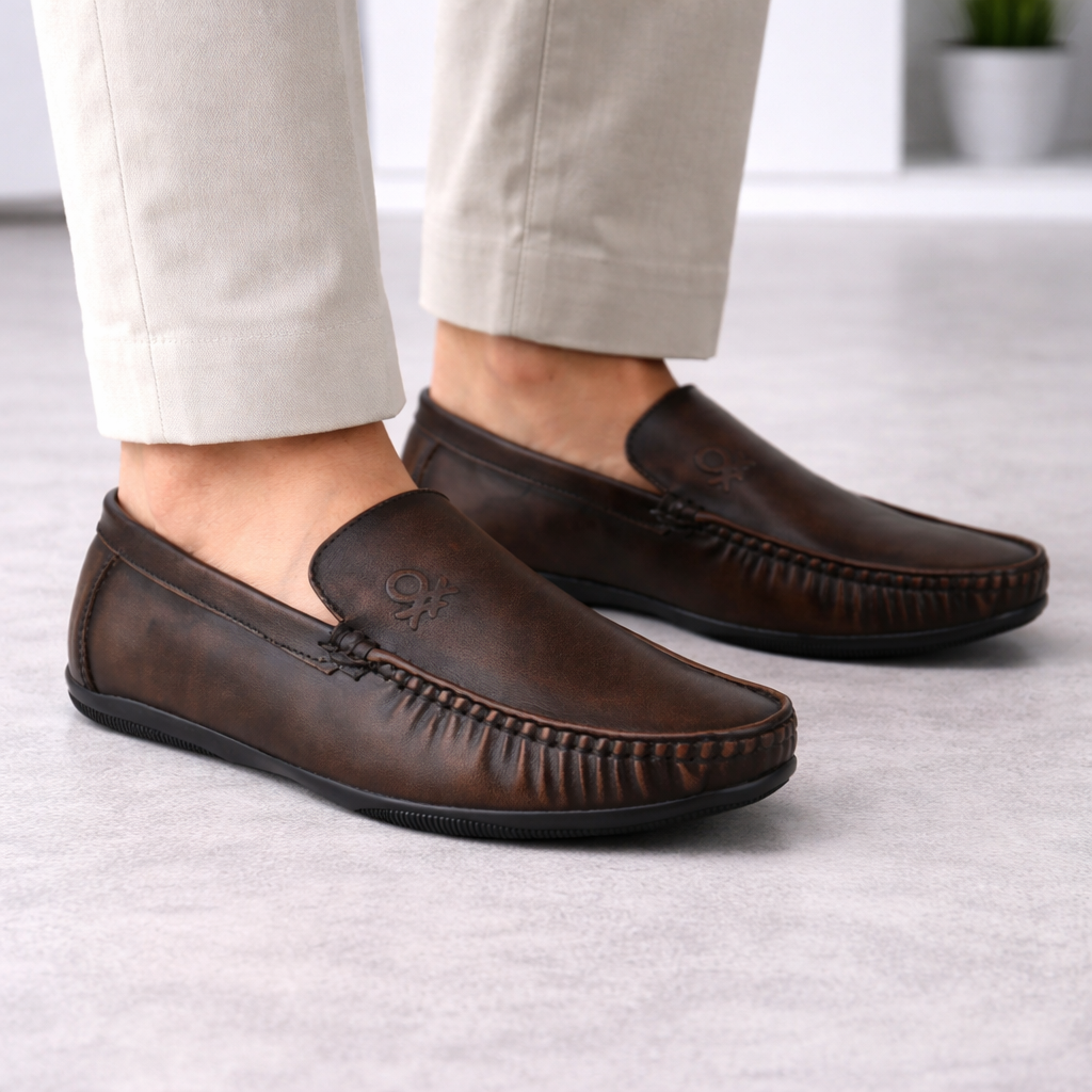LF02-Men’s Premium Brown Leather Slip-On Loafers