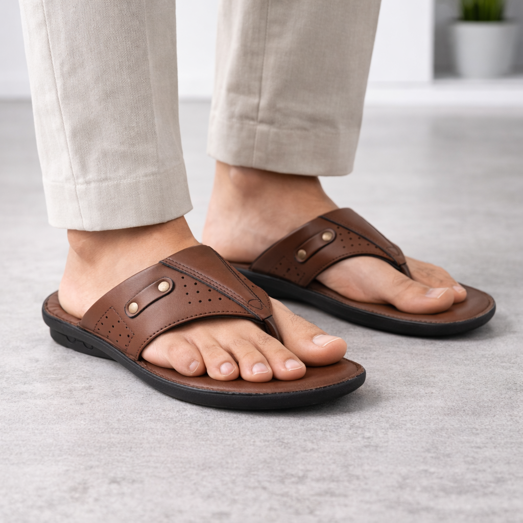 SP02 - Men’s Premium Brown Leather Toe-Post Slippers