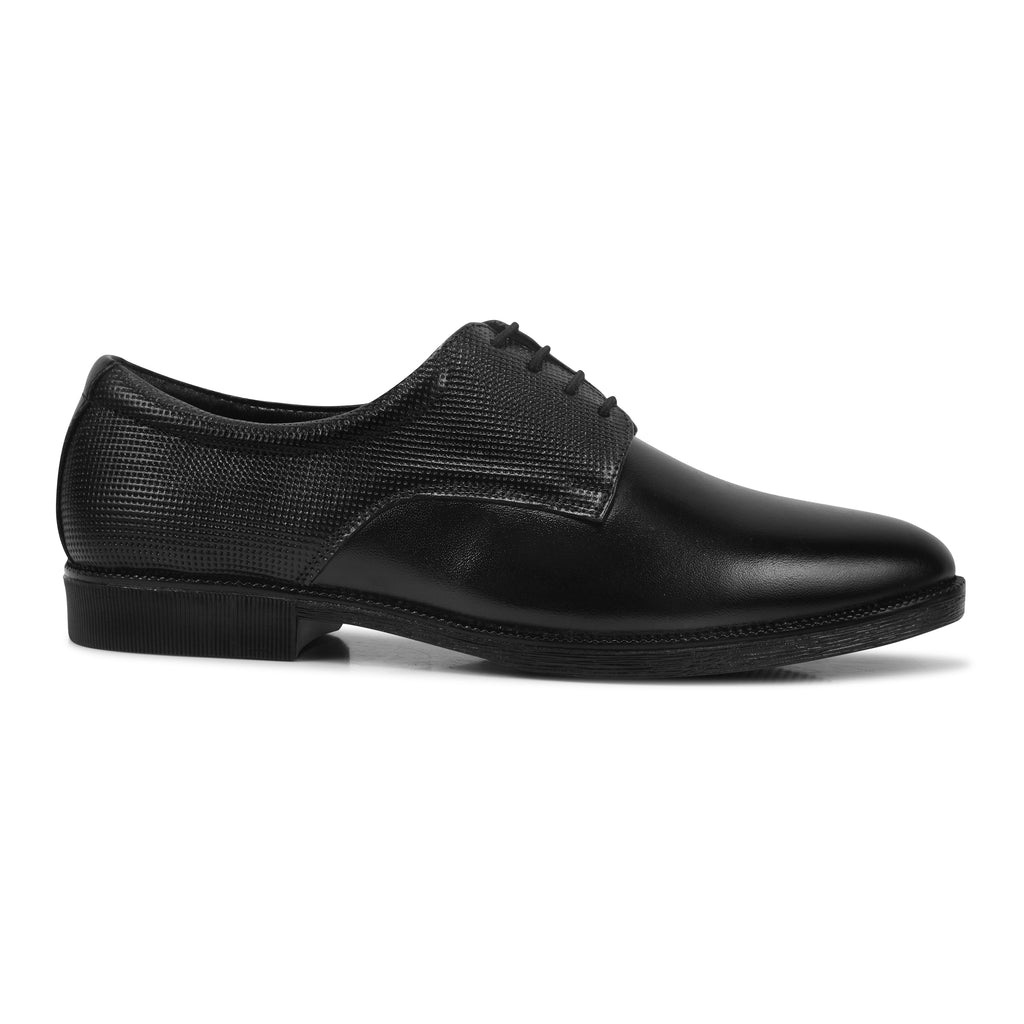 Pentagun Men's Formal Derby Shoes, Black Genuine Leather with Textured Detail, Lace-Up Dress Shoes | Genuine Leather | DB02