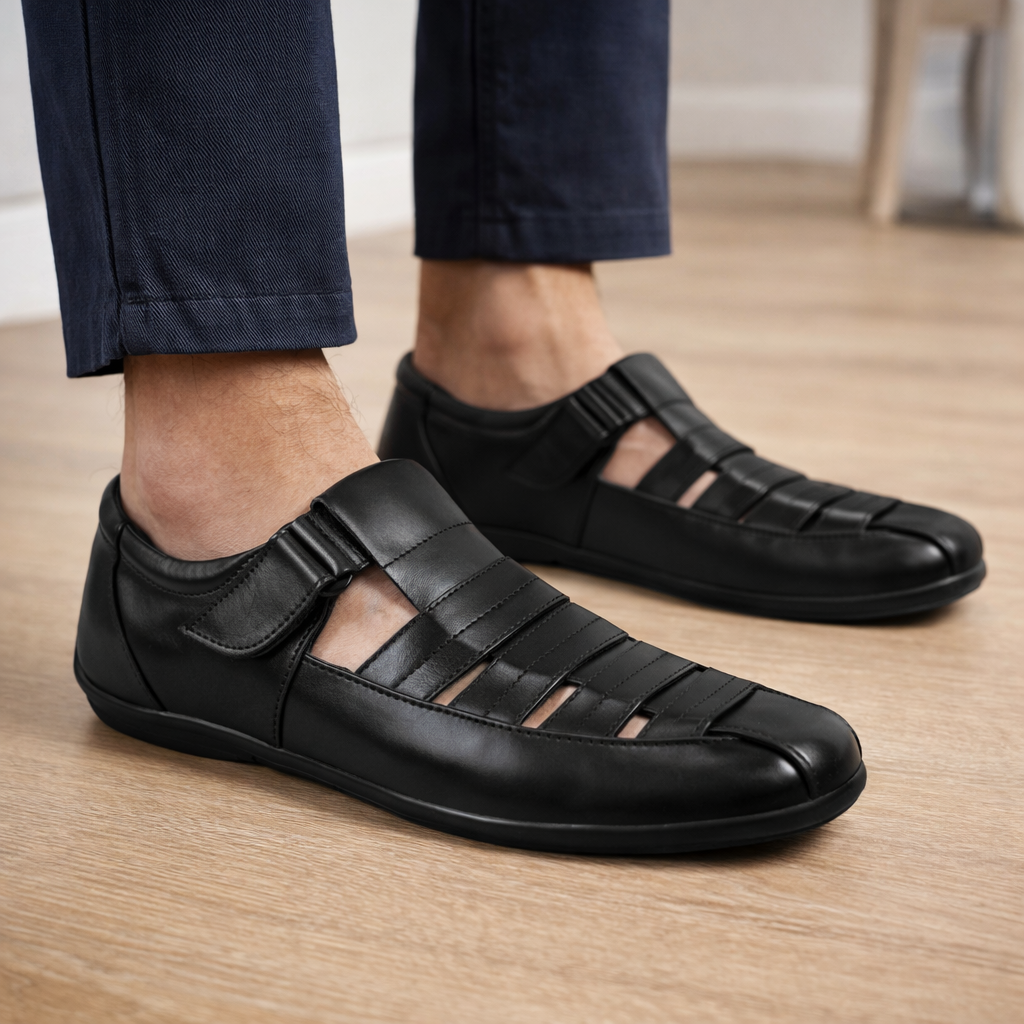 Pentagun Roman Sandal Men's Black Leather Closed Toe Fisherman Sandals | Genuine Leather RS01