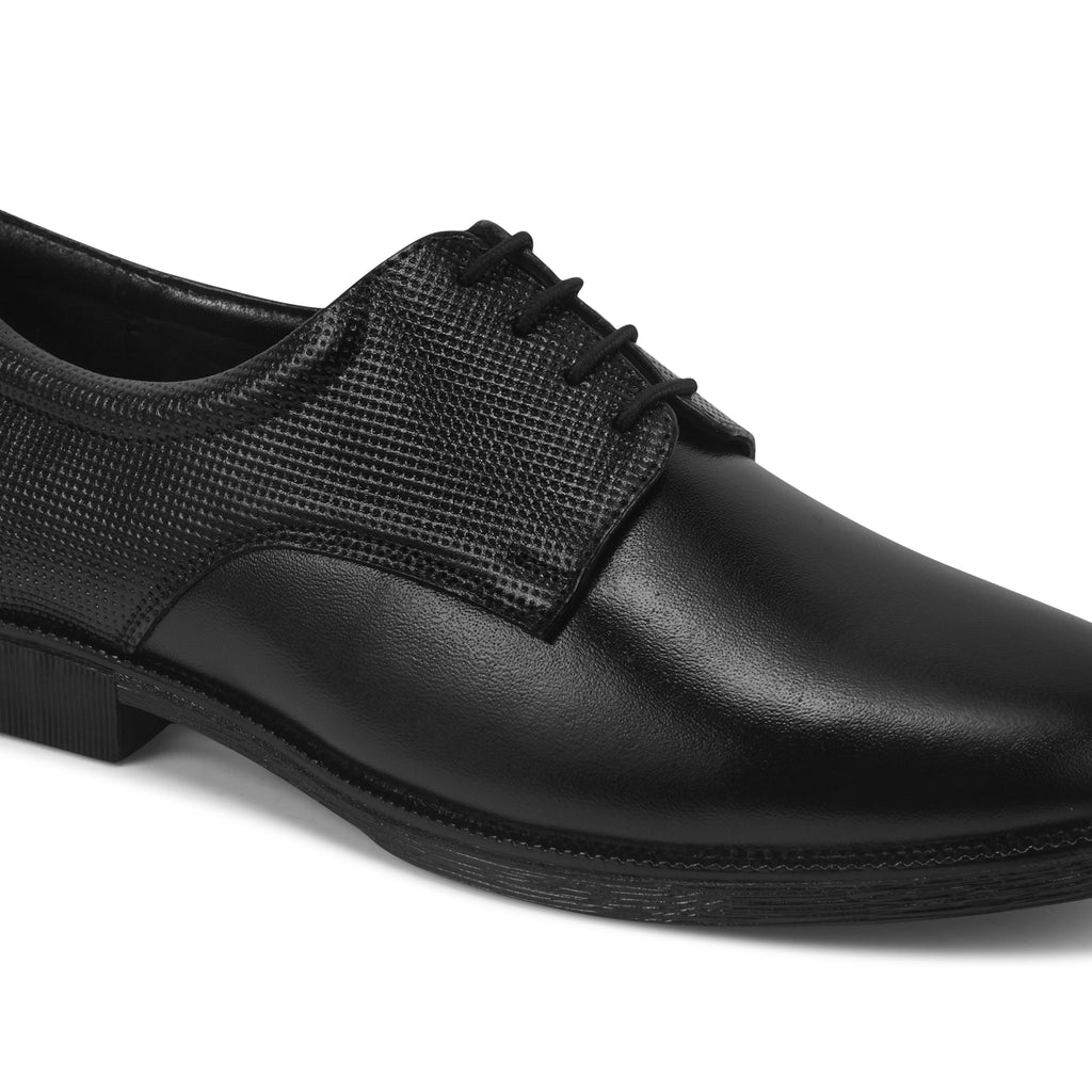 Pentagun Men's Formal Derby Shoes, Black Genuine Leather with Textured Detail, Lace-Up Dress Shoes | Genuine Leather | DB02