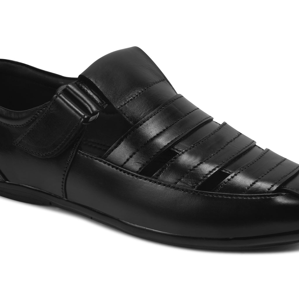 Pentagun Roman Sandal Men's Black Leather Closed Toe Fisherman Sandals | Genuine Leather RS01