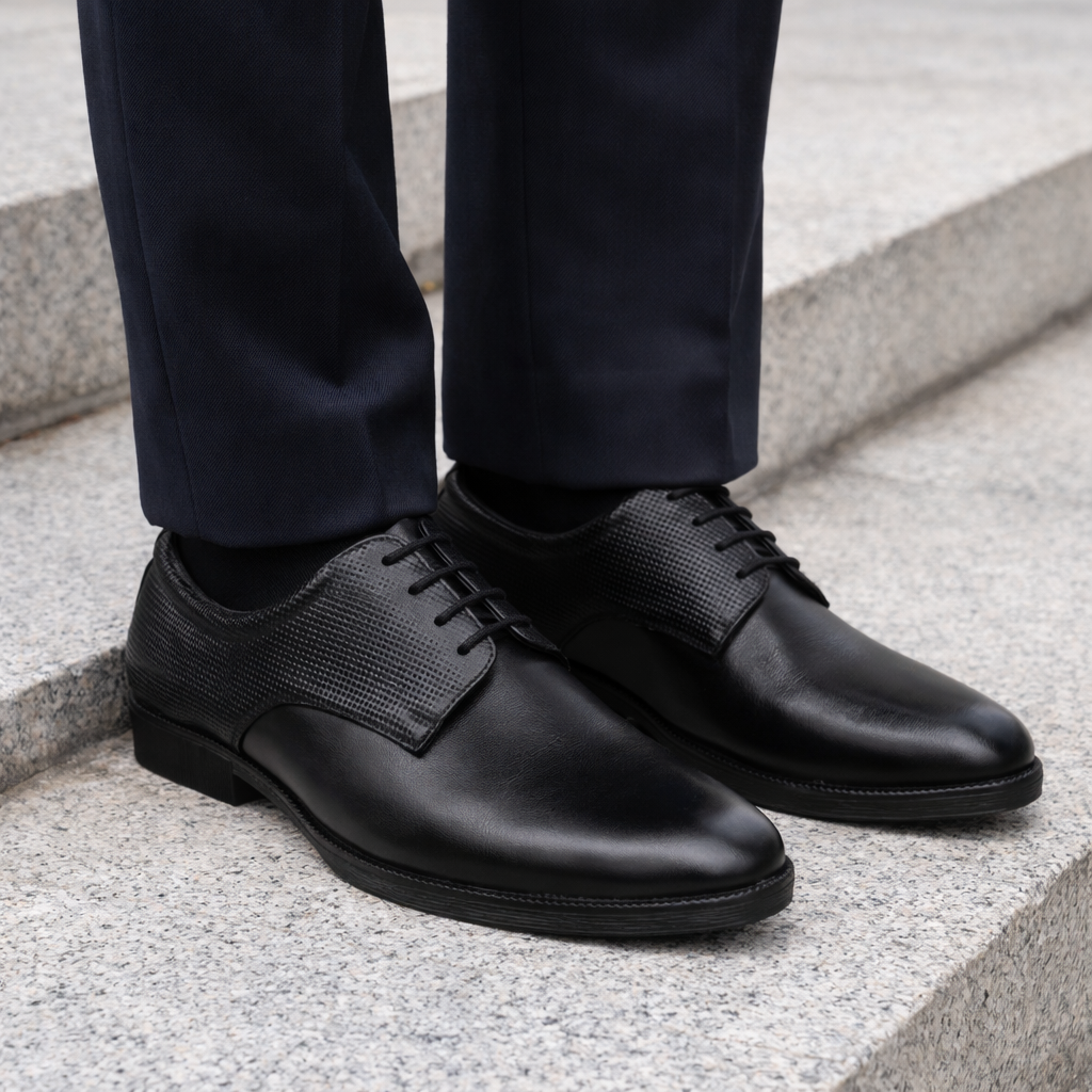 Pentagun Men's Formal Derby Shoes, Black Genuine Leather with Textured Detail, Lace-Up Dress Shoes | Genuine Leather | DB02