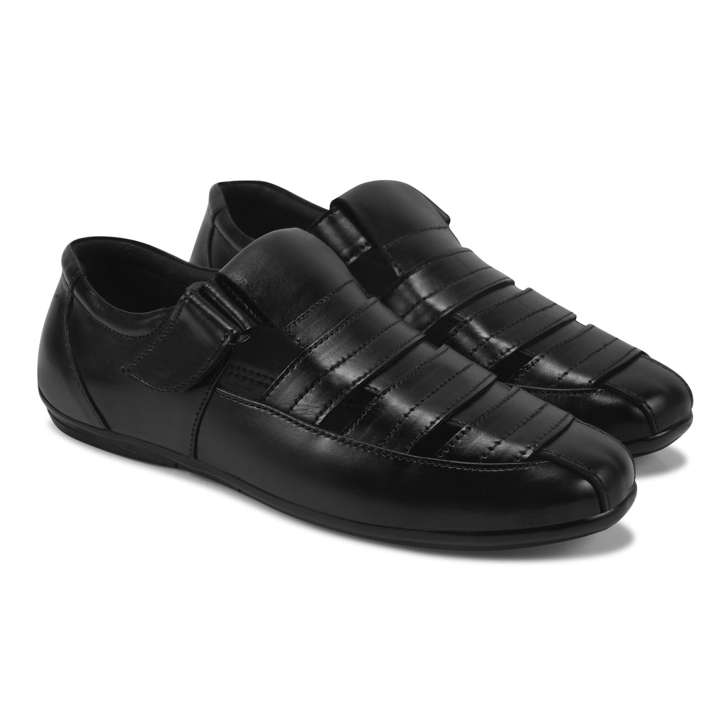 Pentagun Roman Sandal Men's Black Leather Closed Toe Fisherman Sandals | Genuine Leather RS01