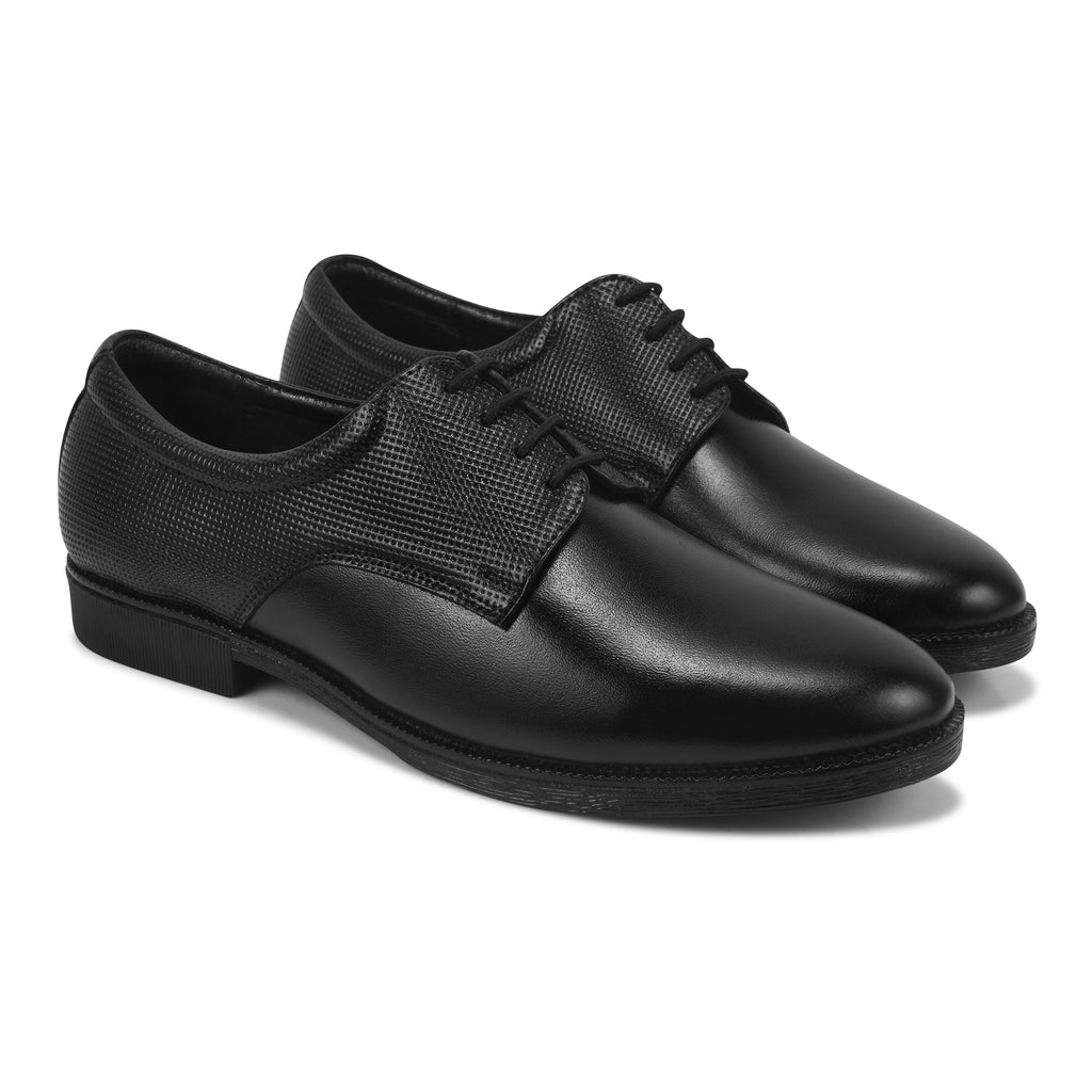 Pentagun Men's Formal Derby Shoes, Black Genuine Leather with Textured Detail, Lace-Up Dress Shoes | Genuine Leather | DB02