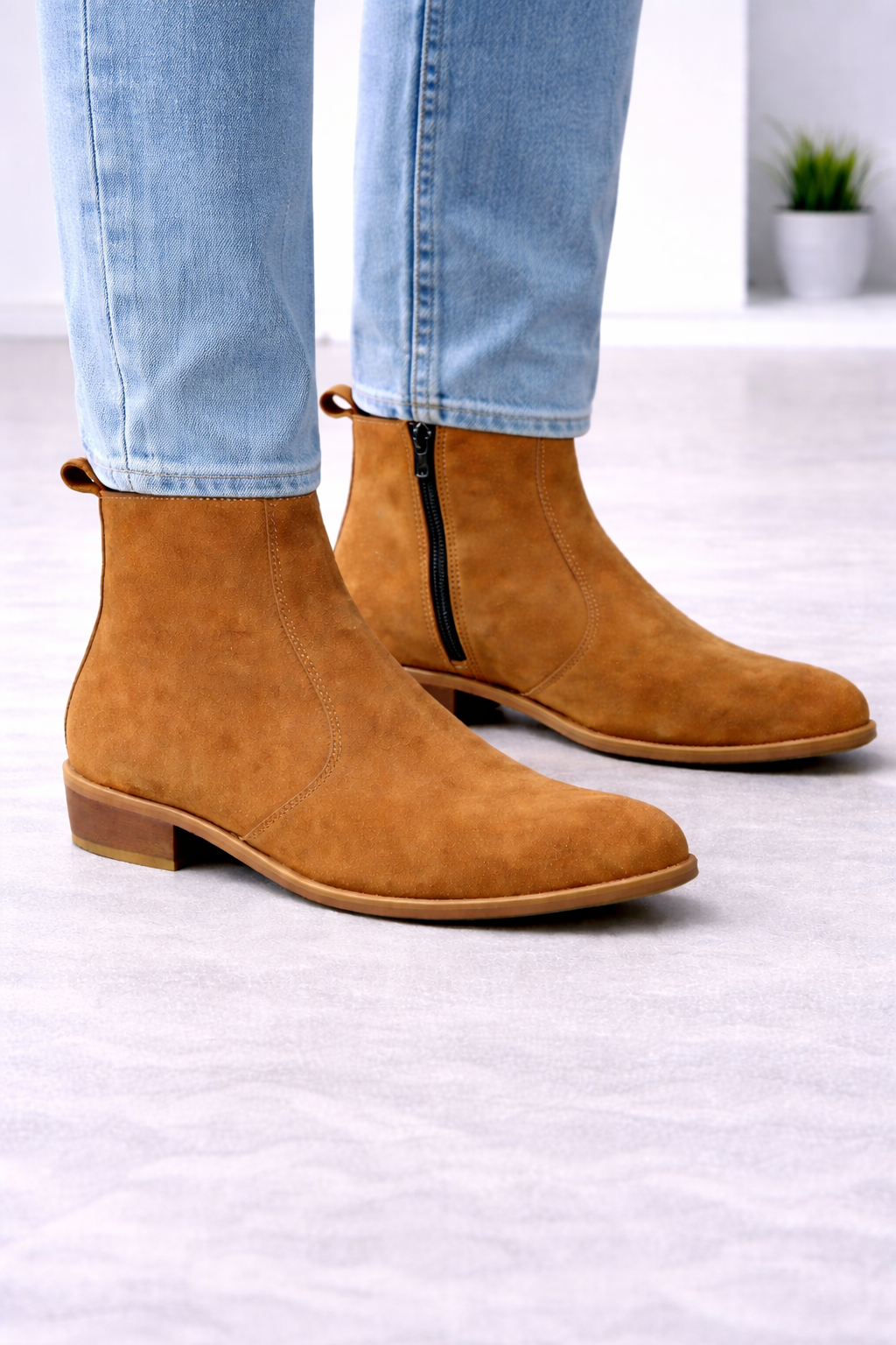 CL02 - Men’s Premium Tan Suede Chelsea Ankle Boots with Zip Closure - Sleek & Comfortable