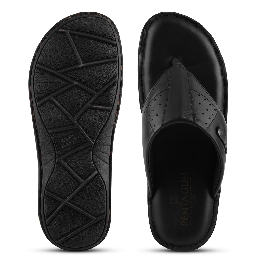 SP02 - Men’s Black Genuine Leather Comfort Toe-Post Slippers