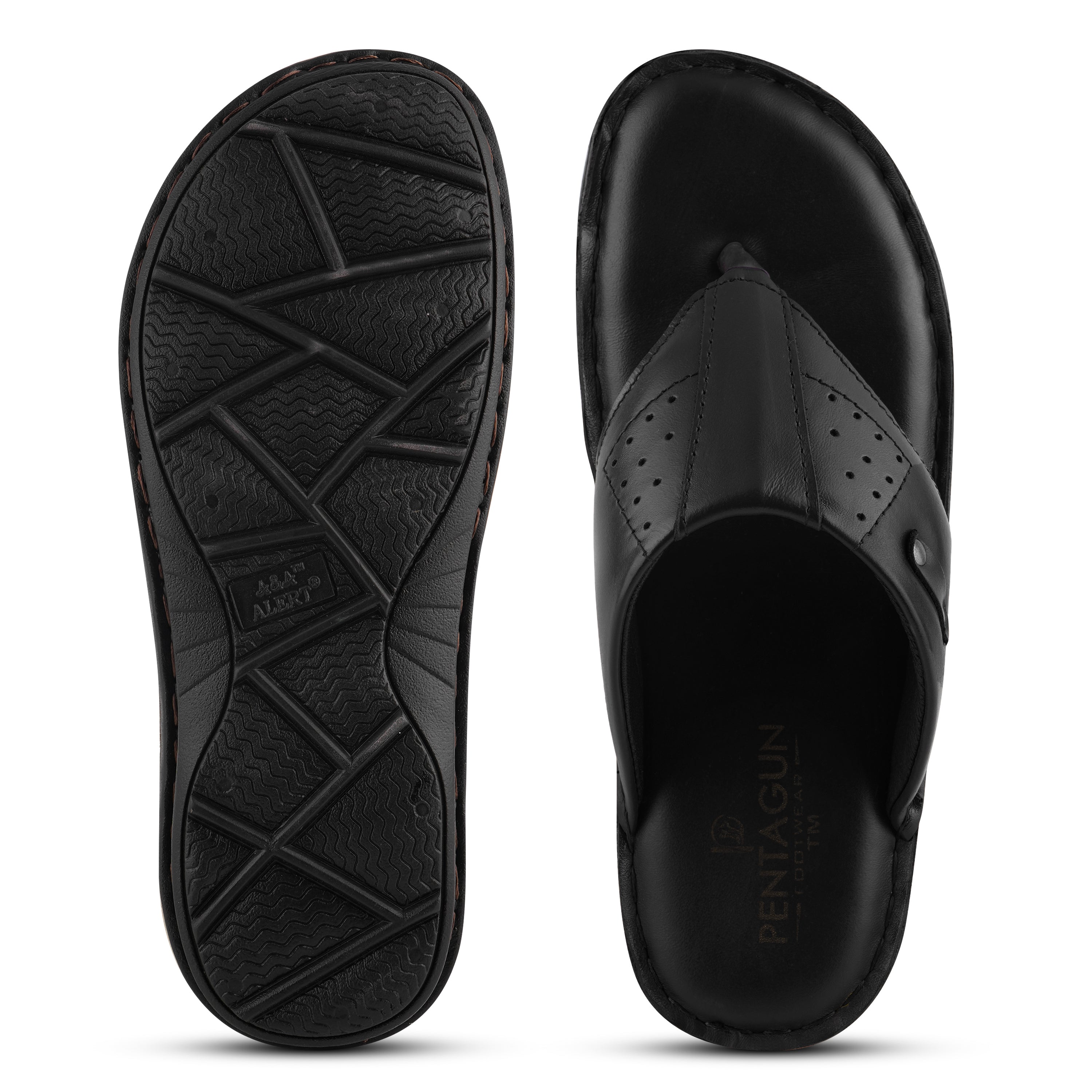 SP02 - Men’s Black Genuine Leather Comfort Toe-Post Slippers