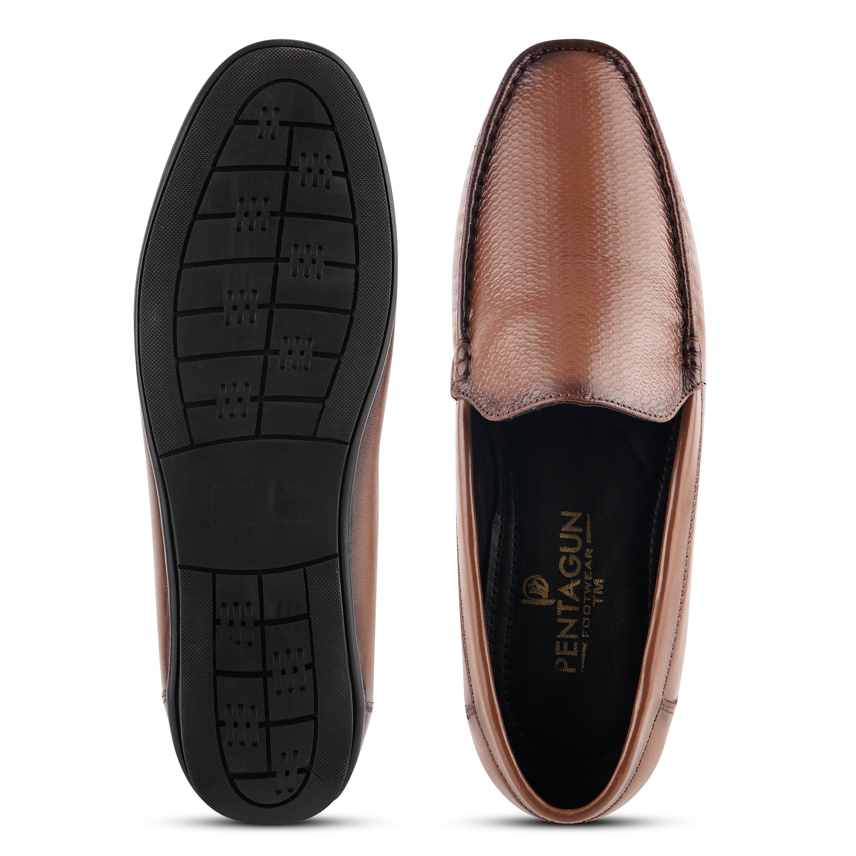 LF03 - Genuine Brown Leather Loafers with Textured Vamp for Men