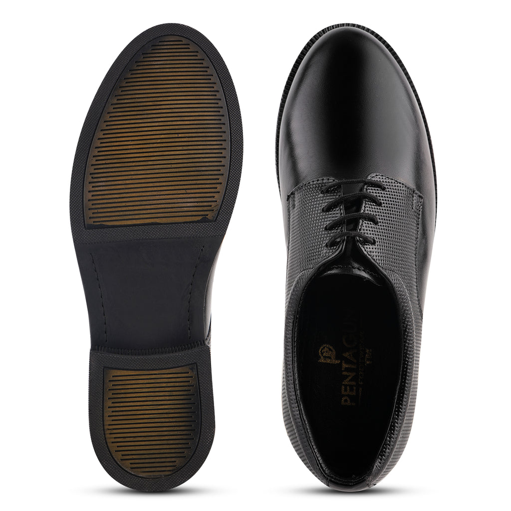 DB02 - Men's Formal Derby Shoes, Black Genuine Leather with Textured Detail, Lace-Up Dress Shoes | Genuine Leather