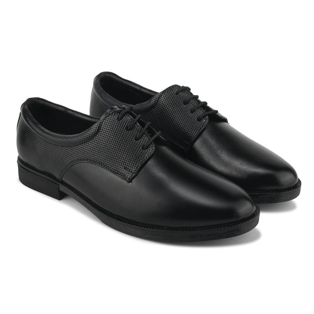 DB02 - Men's Formal Derby Shoes, Black Genuine Leather with Textured Detail, Lace-Up Dress Shoes | Genuine Leather