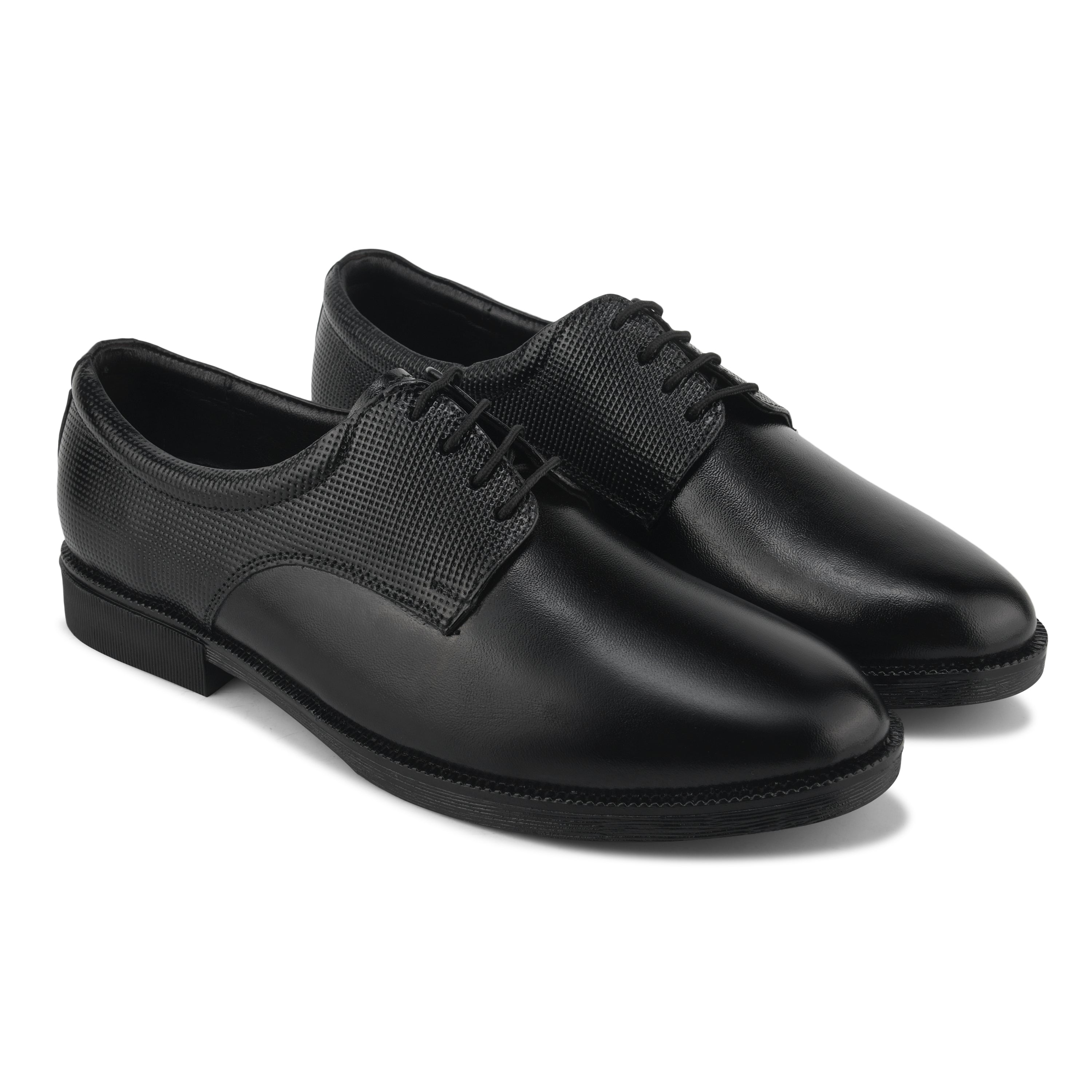 DB02 - Men's Formal Derby Shoes, Black Genuine Leather with Textured Detail, Lace-Up Dress Shoes | Genuine Leather
