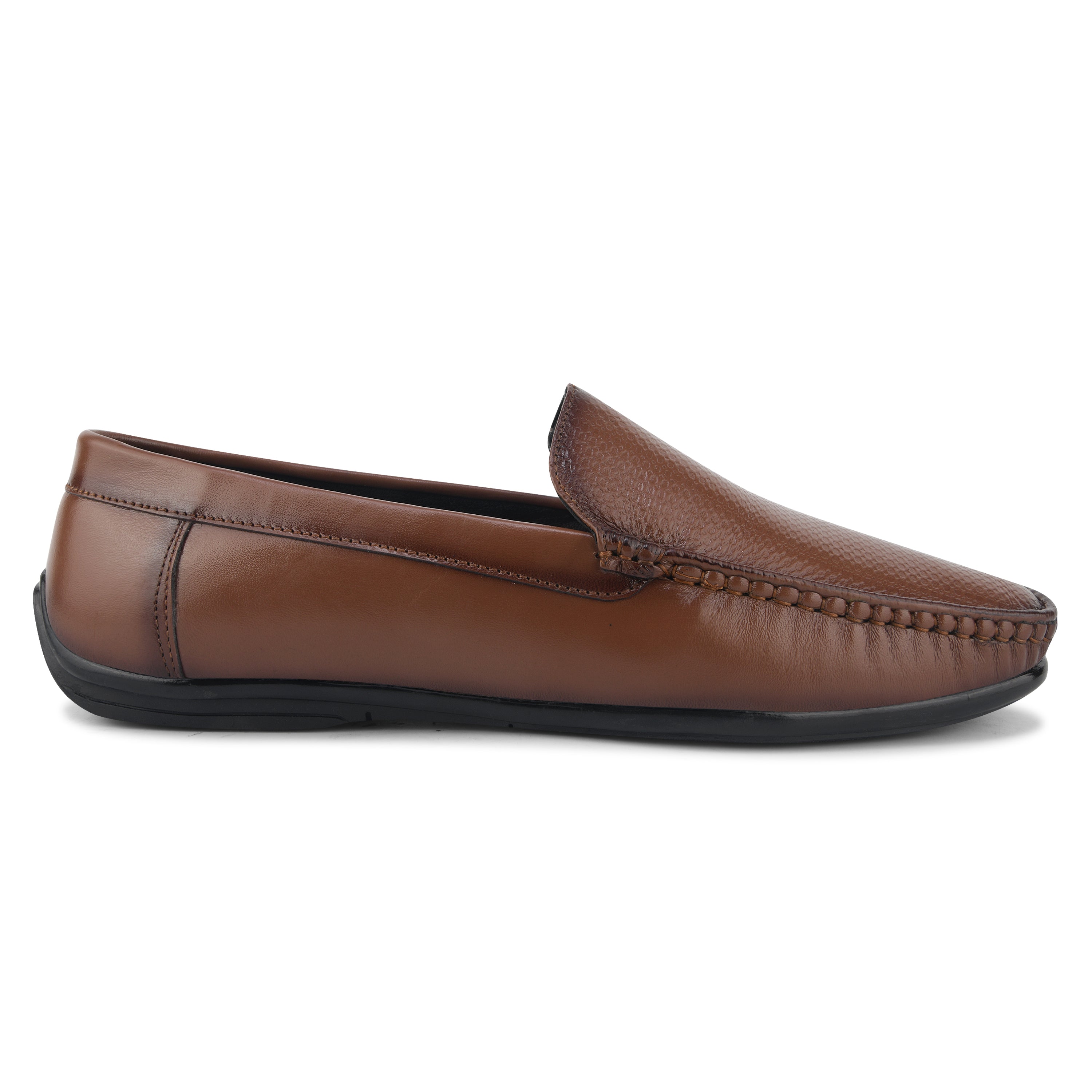 LF03 - Genuine Brown Leather Loafers with Textured Vamp for Men