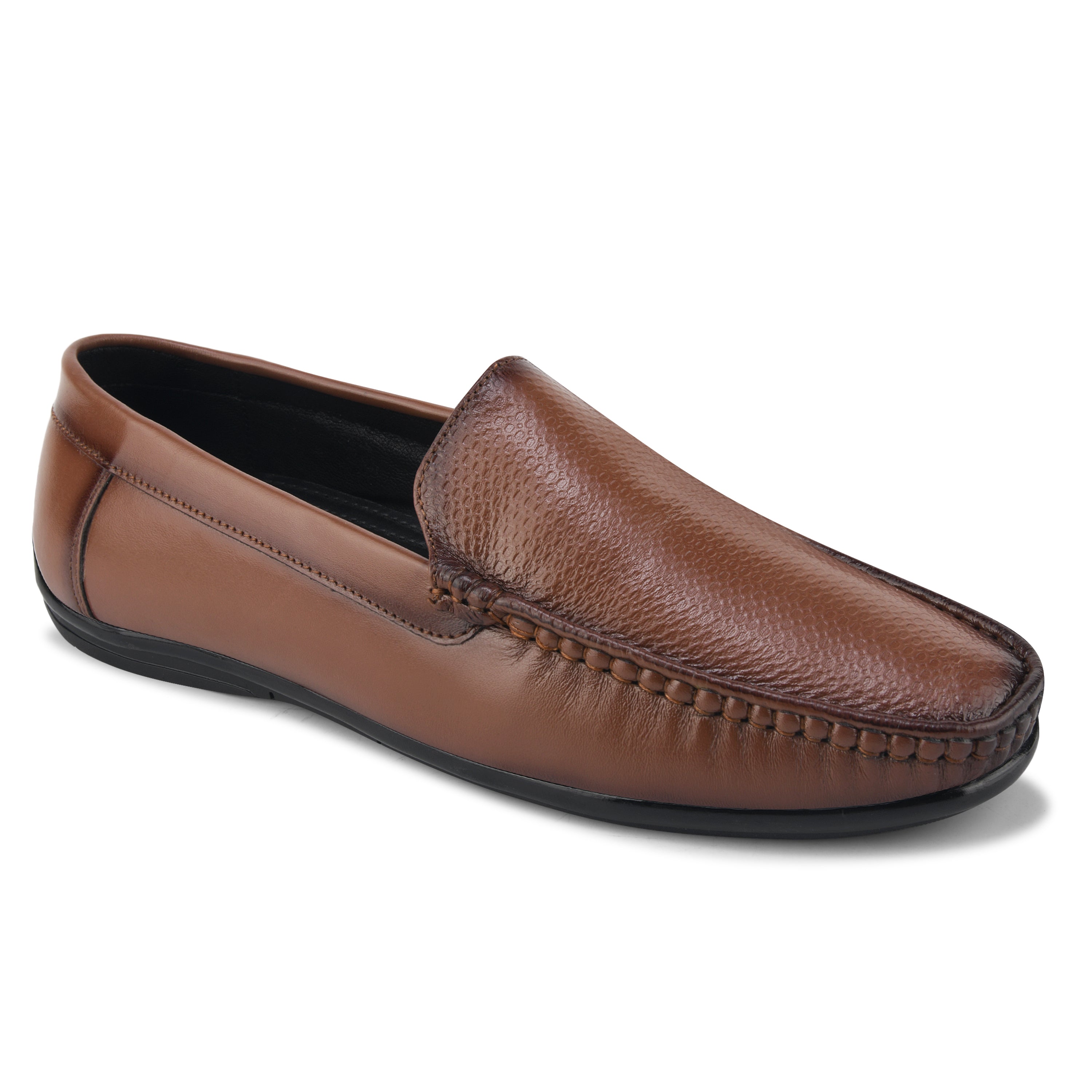 LF03 - Genuine Brown Leather Loafers with Textured Vamp for Men