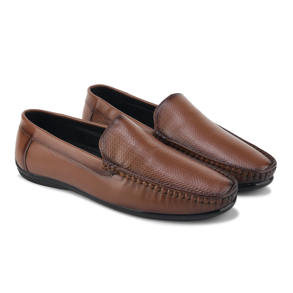 LF03 - Genuine Brown Leather Loafers with Textured Vamp for Men