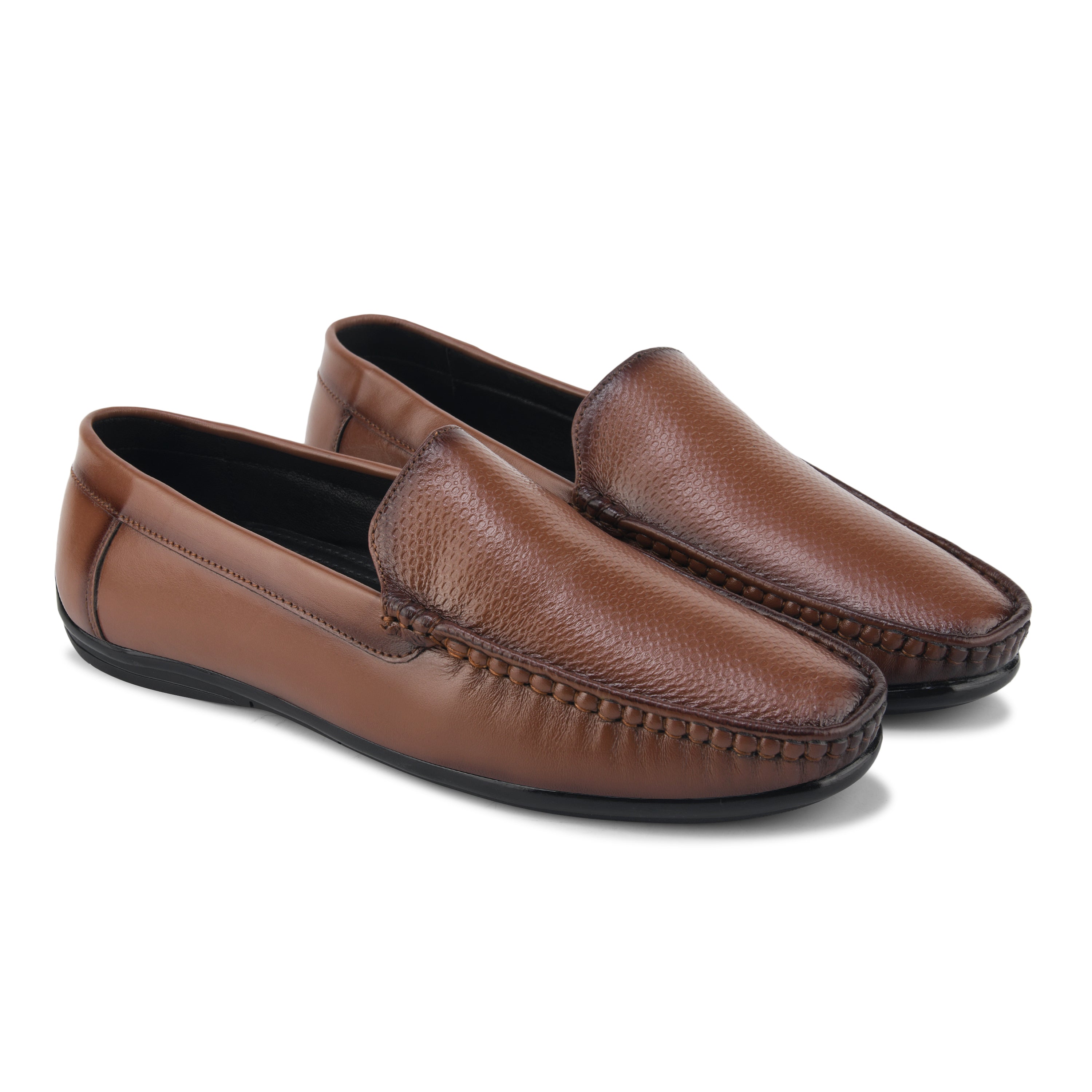 LF03 - Genuine Brown Leather Loafers with Textured Vamp for Men