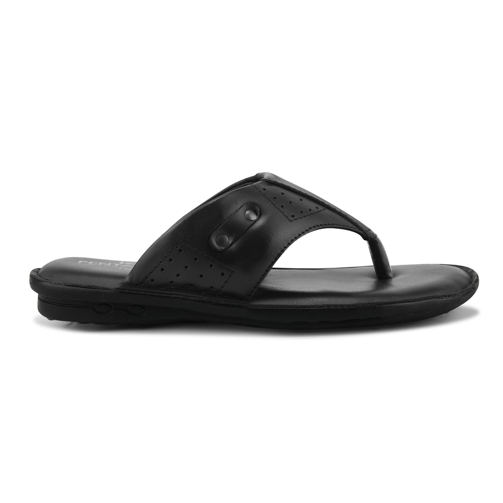 SP02 - Men’s Black Genuine Leather Comfort Toe-Post Slippers