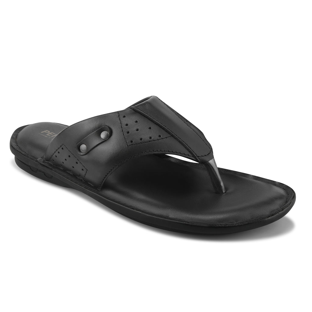 SP02 - Men’s Black Genuine Leather Comfort Toe-Post Slippers