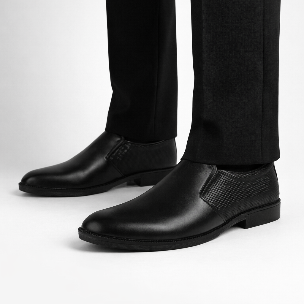 Pentagun Moccasin Men's Slip-On Dress Shoes, Black Leather with Textured Detail | Genuine Leather | MC02